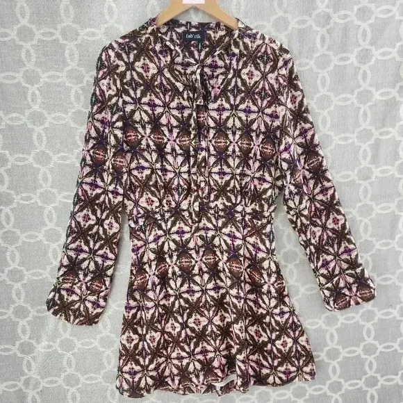fab'rik Long sleeve Printed Tied Keyhole Neck Chiffon Shift Dress L - Picture 1 of 10